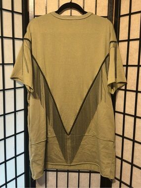 Olive Green T-shirt Dress with Metal Fringe